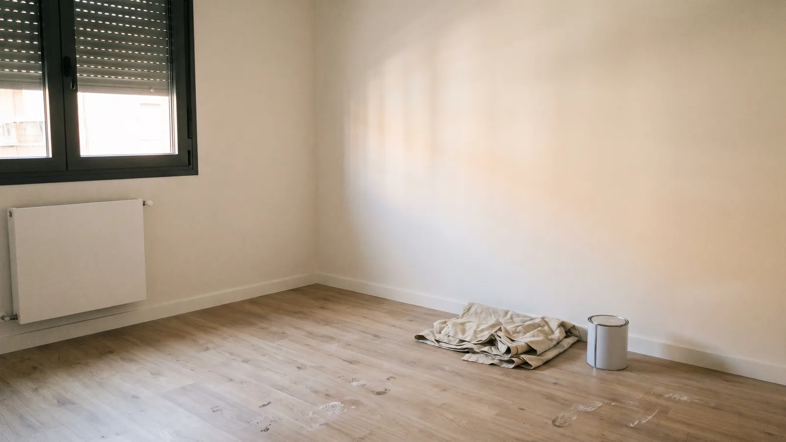 Dormitorio vacío recién pintado, con las paredes lisas y la luz de la mañana entrando por una ventana con persiana
