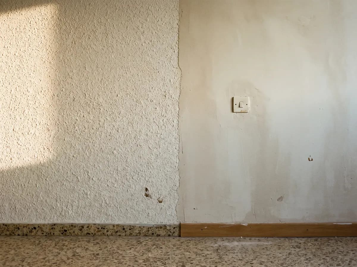 Una pared con gotelé a la izquierda y la misma pared alisada a la derecha, con la luz de la tarde entrando de lado